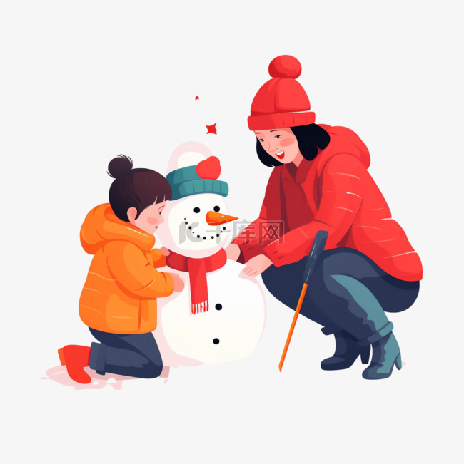 妈妈孩子堆雪人卡通冬天手绘元素