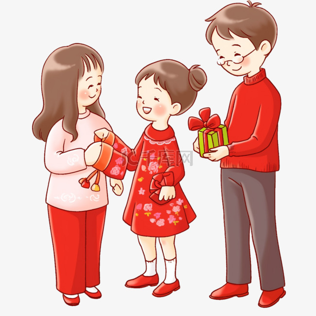 新年卡通手绘送礼物一家人元素