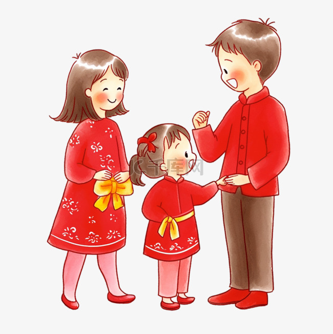卡通手绘新年送礼物一家人元素