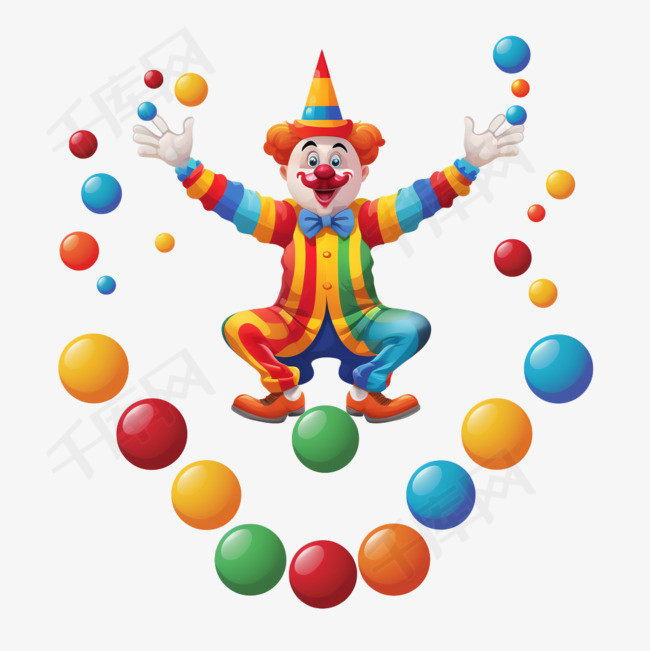 小丑在球上保持平衡并用球玩杂耍