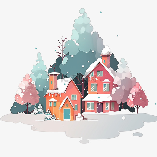 冬天卡通彩色房子雪天手绘插画