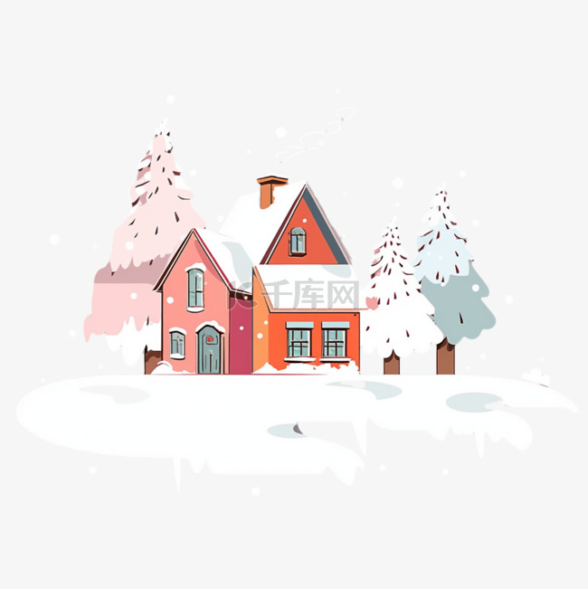 彩色房子冬天雪天卡通手绘插画