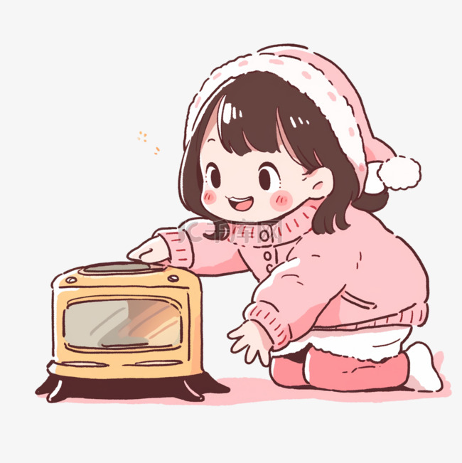 冬天手绘可爱女孩暖炉卡通元素