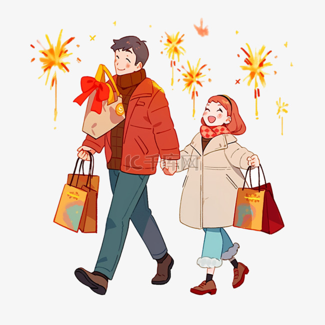 烟花新年情侣购物卡通手绘元素