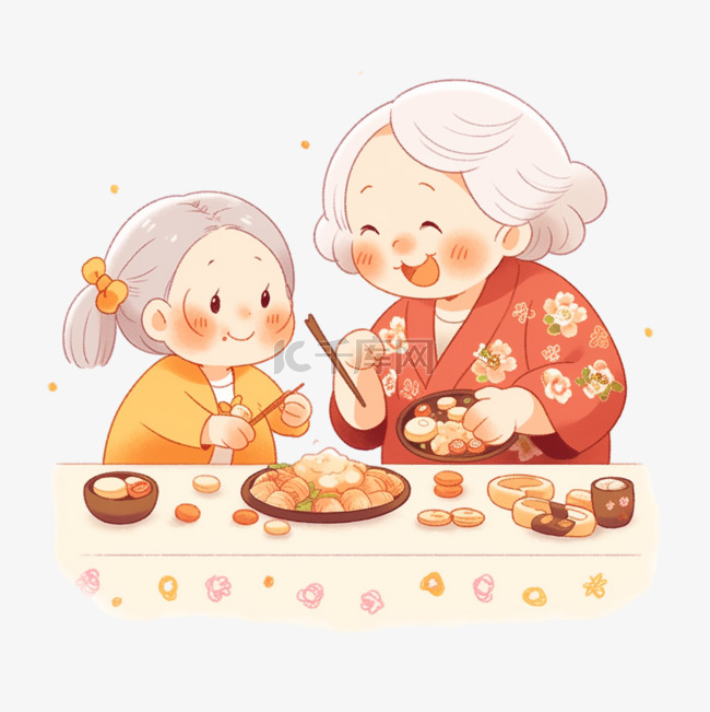 新年手绘奶奶和孩子做糕点卡通元