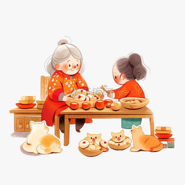 新年卡通母女包饺子手绘元素