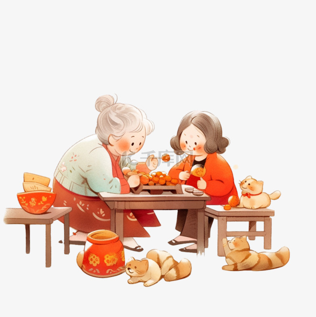 新年手绘母女包饺子卡通元素