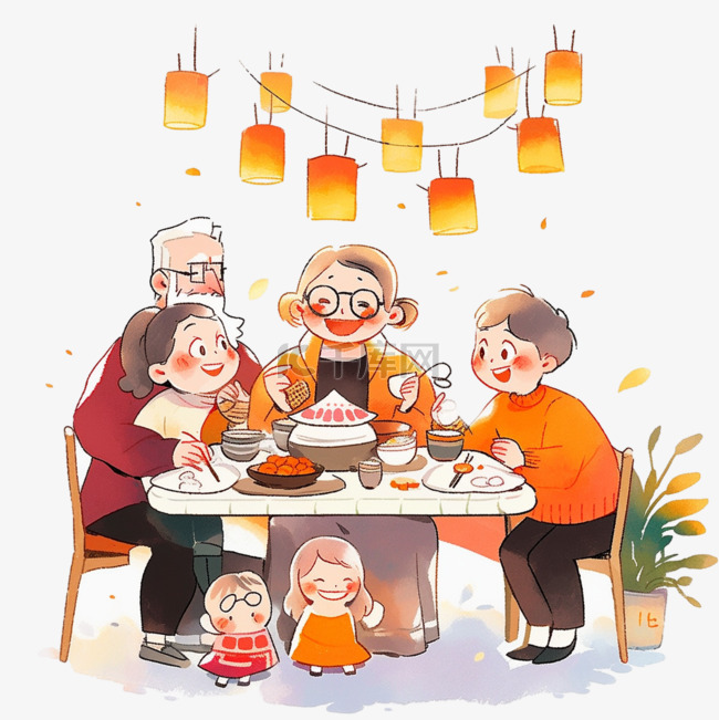 新年家人团圆聚餐卡通手绘元素