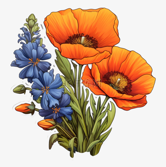 花卉几何蓝桔元素手绘免扣图案