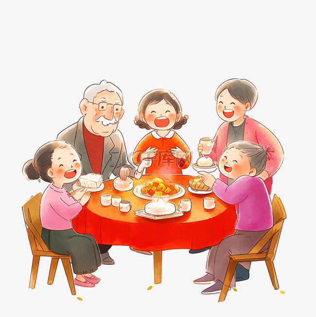 新年家人团圆聚餐手绘卡通元素
