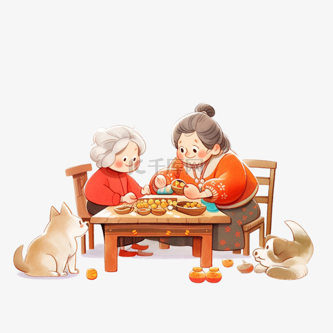 新年卡通手绘母女包饺子元素