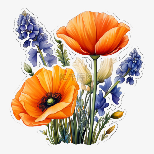 质感花卉蓝桔元素手绘免扣图案