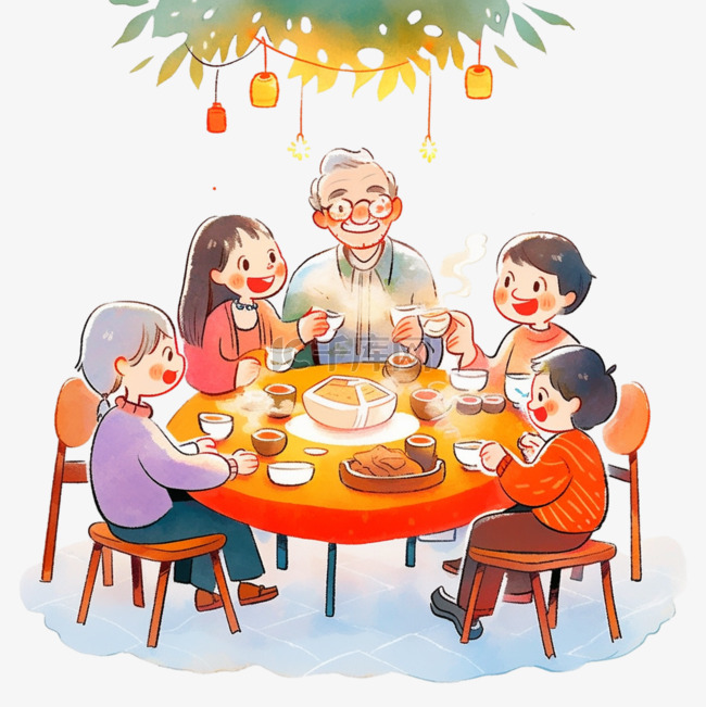 新年家人团圆聚餐手绘元素卡通