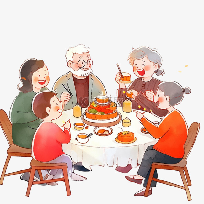 团圆新年家人聚餐卡通手绘元素