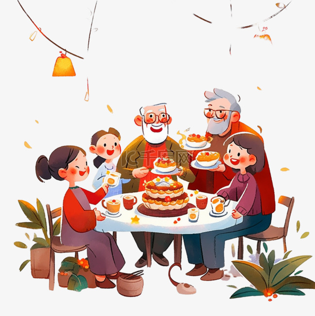 家人团圆新年聚餐卡通手绘元素