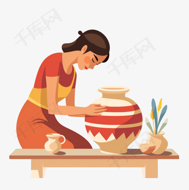 一位妇女正在陶工的轮子上制作花
