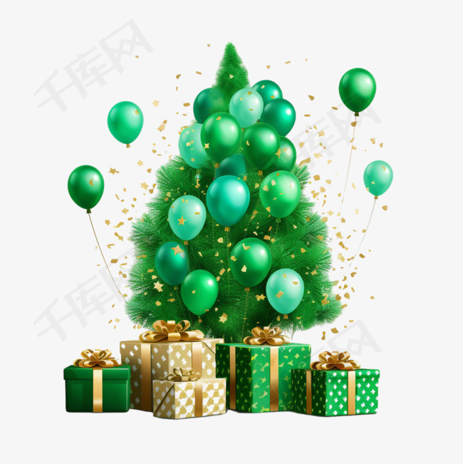 带气球和五彩纸屑和礼物盒的绿色