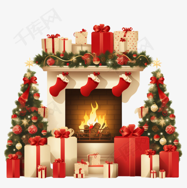 壁炉上的圣诞快乐短信，上面有礼