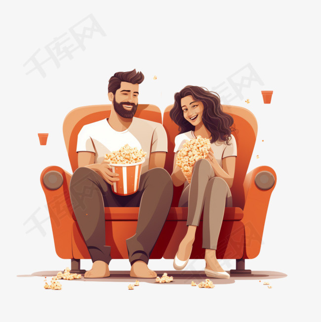 男人和女人坐在沙发上吃爆米花
