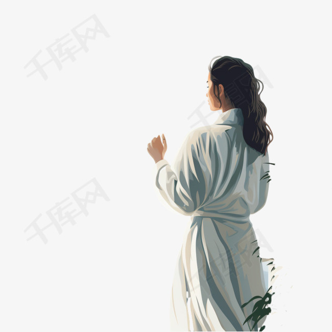 一个穿浴袍的女人站在窗前