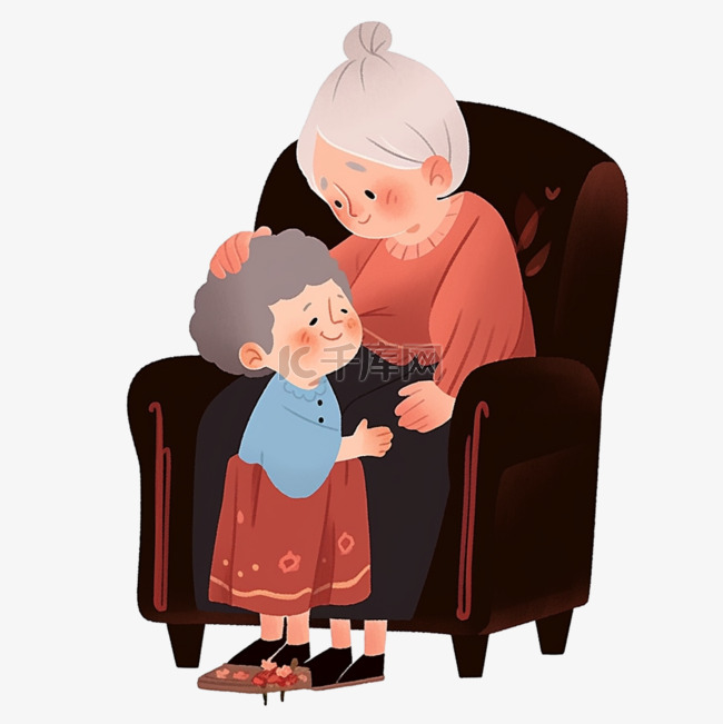 新年冬天奶奶孩子元素卡通手绘