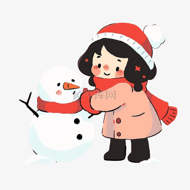 可爱女孩堆雪人卡通手绘元素冬天