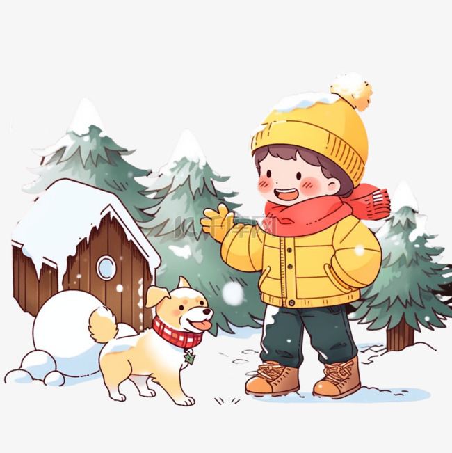冬天卡通可爱孩子堆雪人玩耍手绘