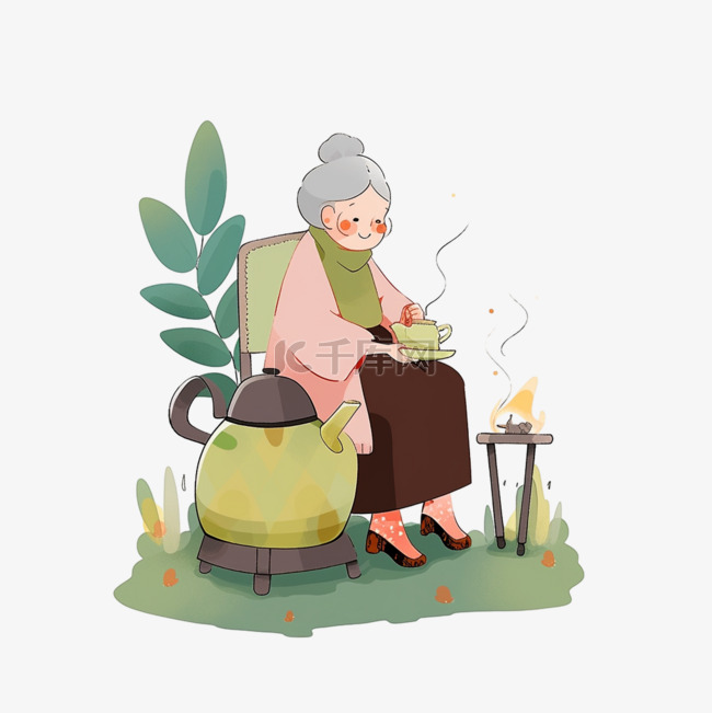 冬天慈祥奶奶手绘元素暖炉卡通