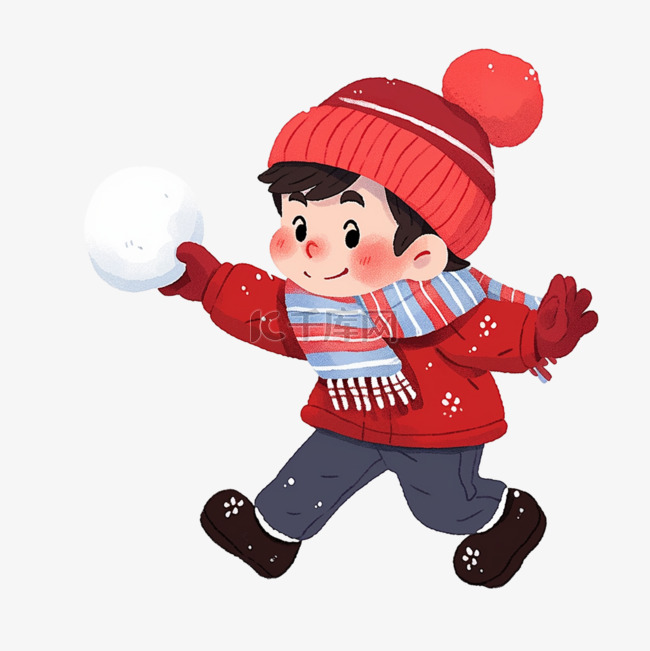 可爱孩子拿雪球玩耍卡通冬天手绘