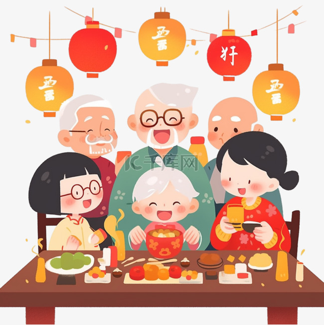 新年手绘家人团圆吃饭元素卡通