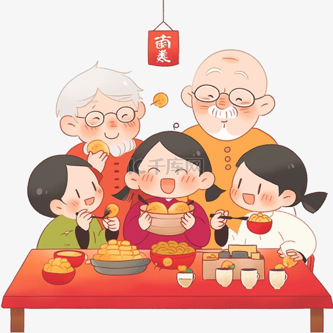 新年家人团圆吃饭手绘卡通元素