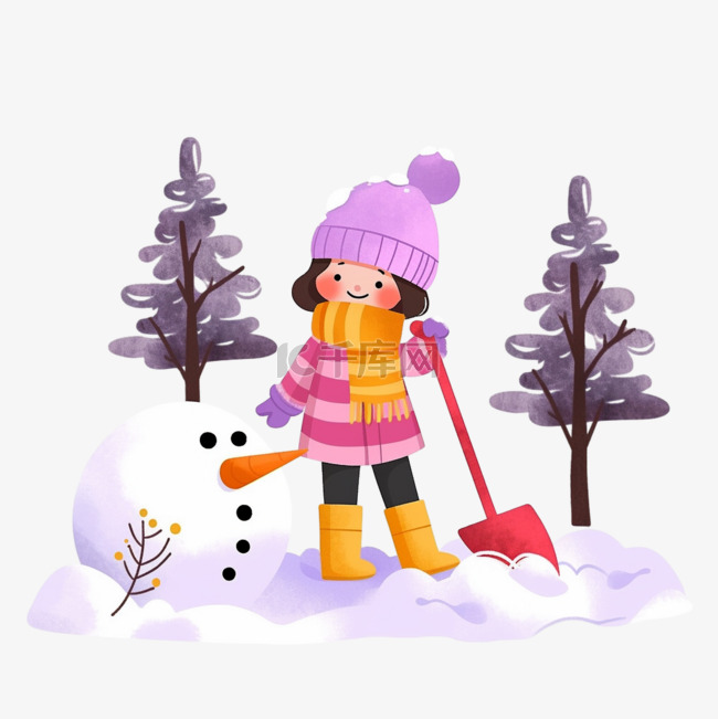 可爱孩子堆雪人卡通手绘元素雪地