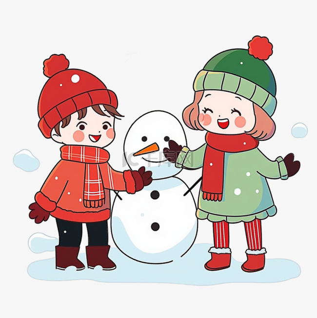 冬天元素雪地里可爱的孩子堆雪人