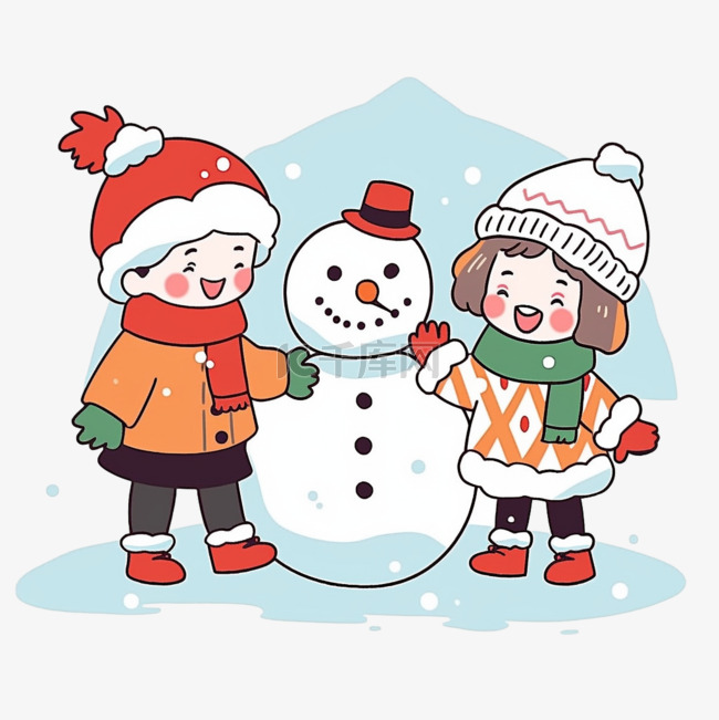 冬天卡通雪地里可爱的孩子堆雪人
