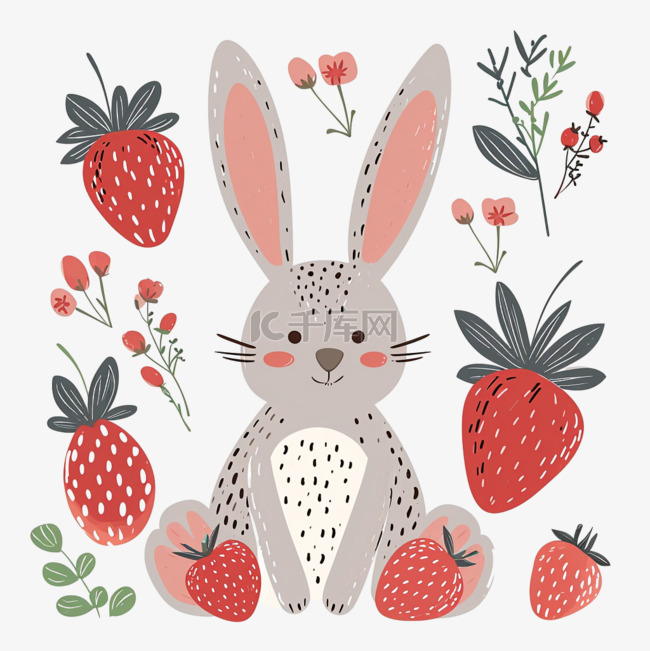 手绘可爱兔子草莓植物卡通元素