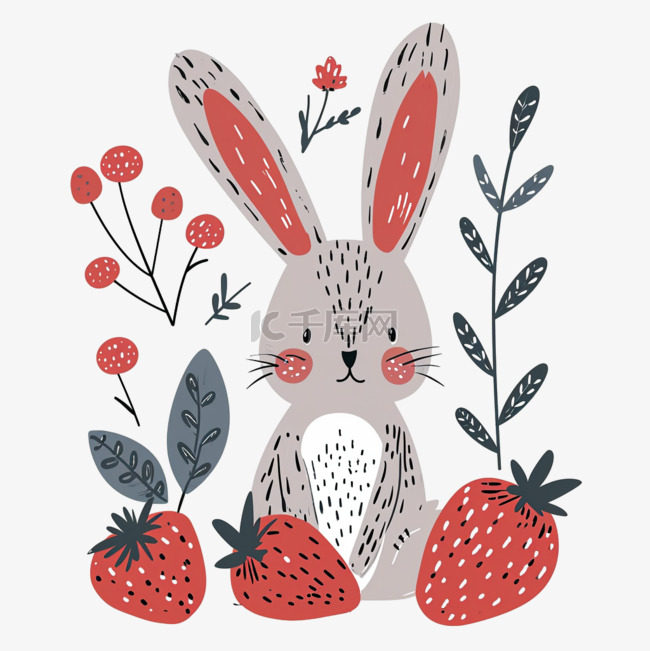 植物可爱兔子草莓卡通手绘元素