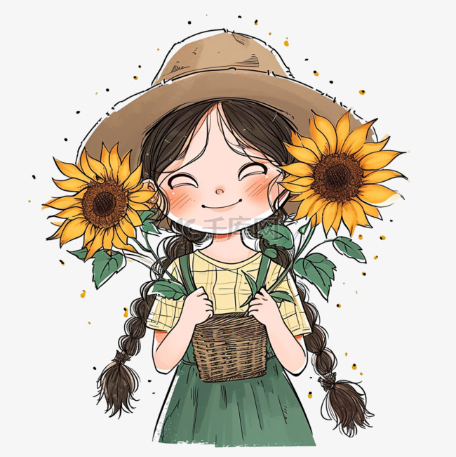 春天可爱女孩向日葵花手绘卡通元