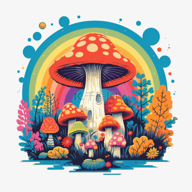 创意五彩蘑菇元素立体免抠图案