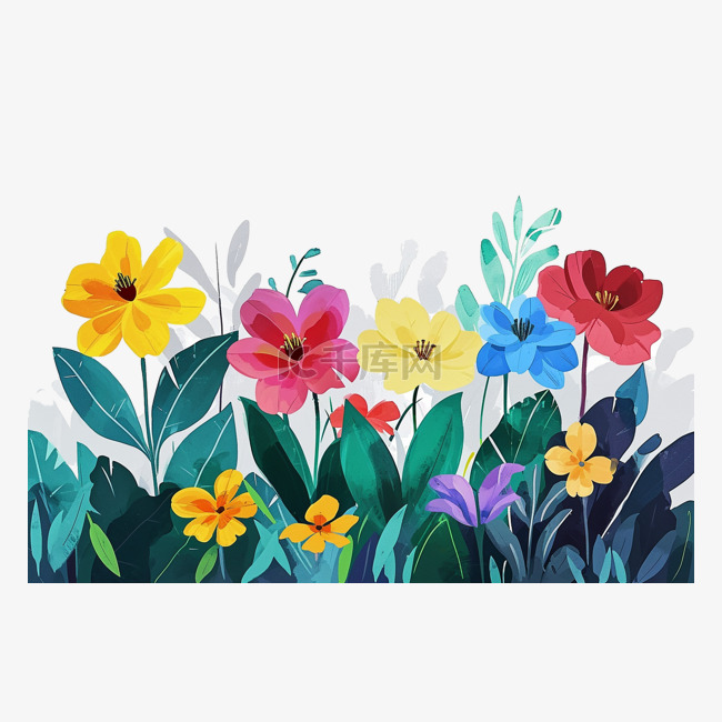 春天各种颜色的植物花朵手绘插画