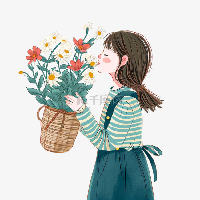 春天可爱女孩手绘鲜花插画元素
