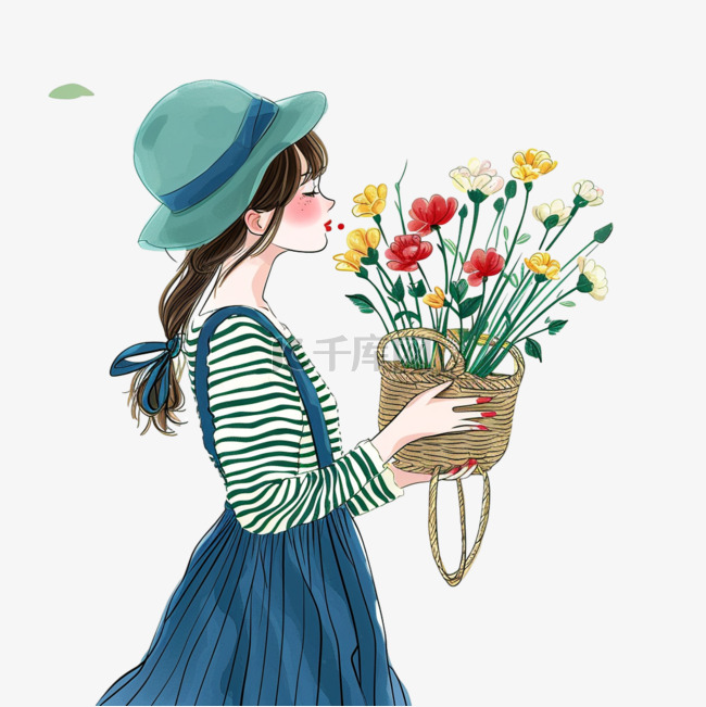 手绘春天可爱女孩鲜花插画元素