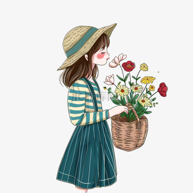 春天可爱女孩鲜花元素手绘插画