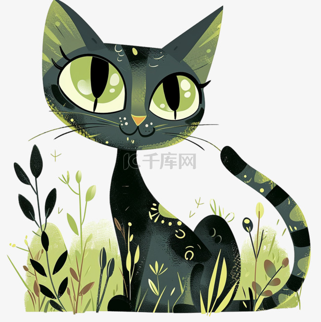 绿植春天可爱小猫卡通手绘元素