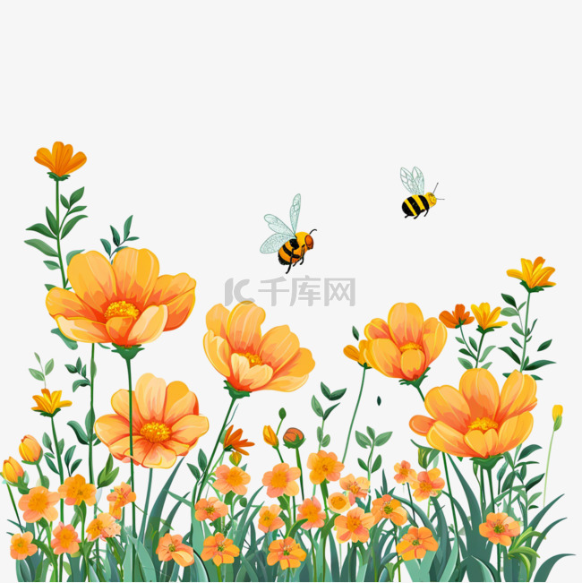 春天蜜蜂菊花植物卡通手绘元素