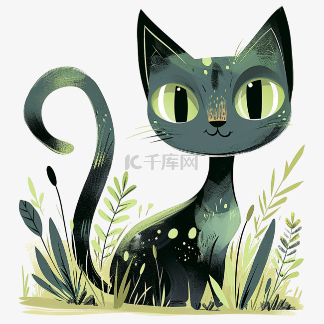 可爱小猫绿植卡通手绘元素春天