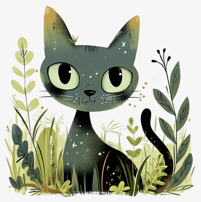 卡通春天可爱小猫绿植手绘元素