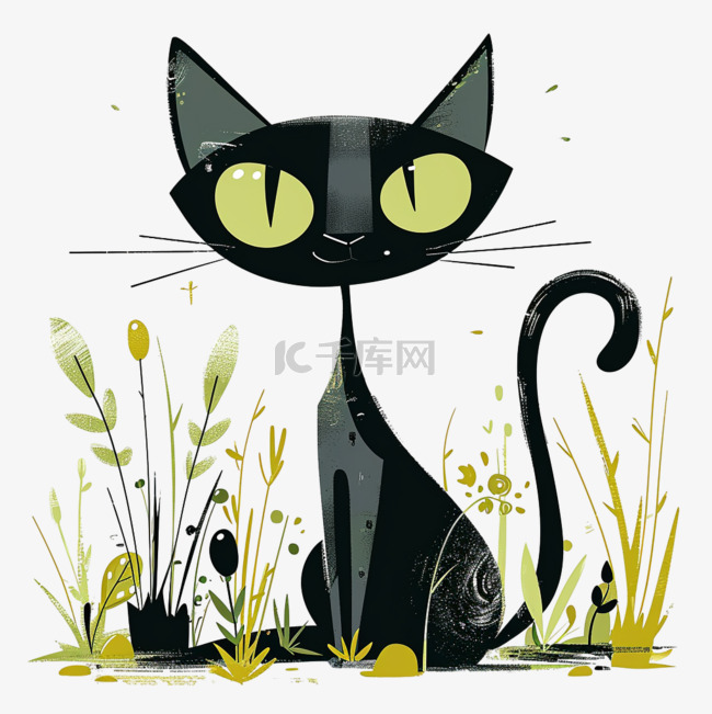 春天手绘可爱小猫绿植卡通元素