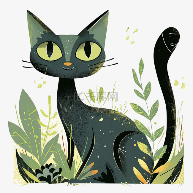 春天可爱小猫卡通绿植手绘元素