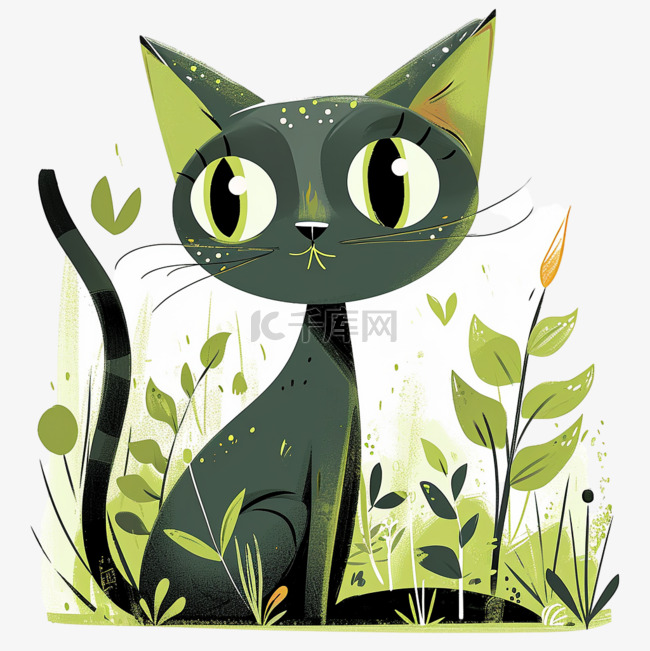 可爱小猫绿植卡通春天手绘元素