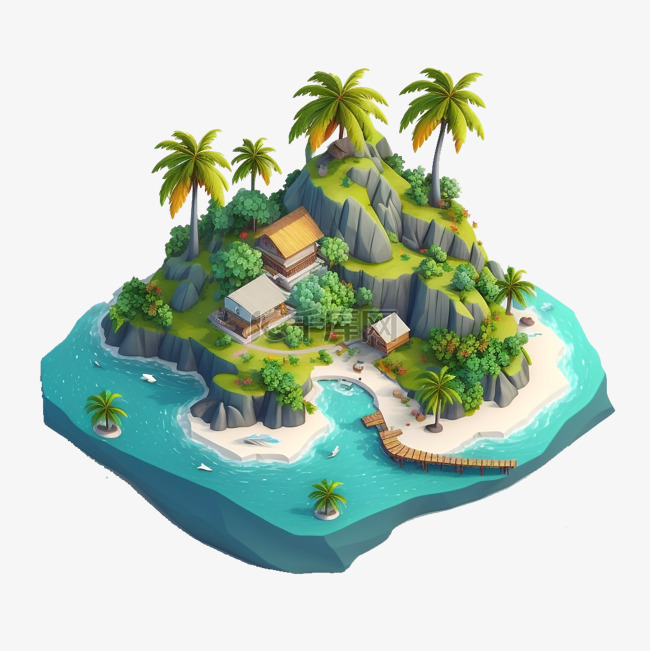 海上的岛屿别墅棕榈树等距风格2